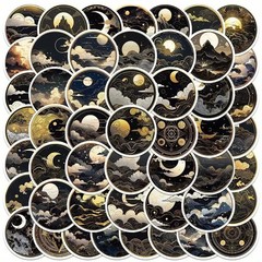 50pc Black Golden Celestial Sticker Pack, Vintage Night Sky Laptop & Scrapbook