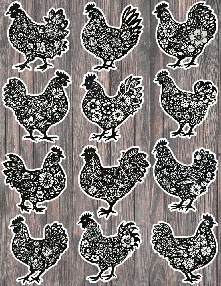 Chicken Black and White Die Cut Stickers Set Scrapbooking Laptop Waterbottle