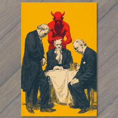 STICKER Devil Whispering Men Vintage Style Red Demon Yellow Background Surreal