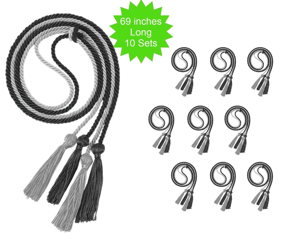 10 Sets of Black and Silver Double Graduation Honor Cords 69″ Long with Tassels
