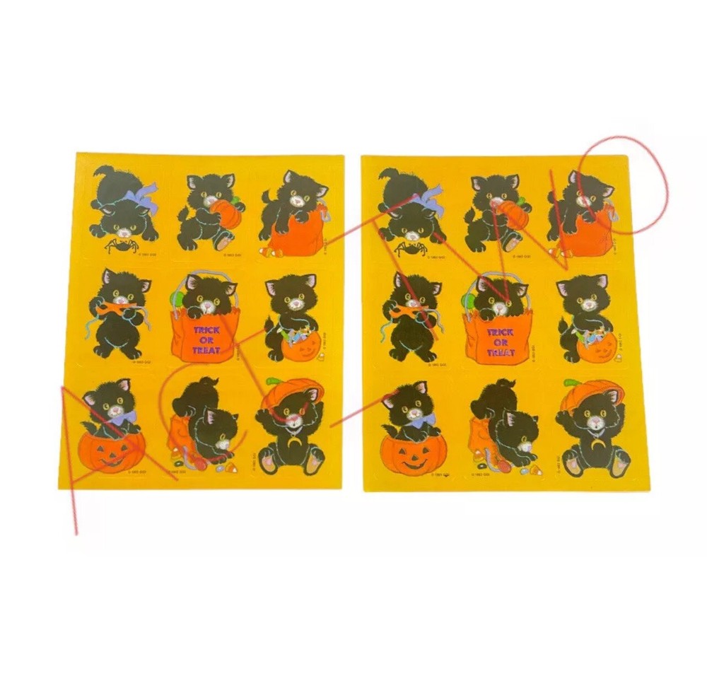Vintage Stickers Halloween Black Cat Jack-o-Lantern Pumpkin 1993 Gibson 2 Sheets