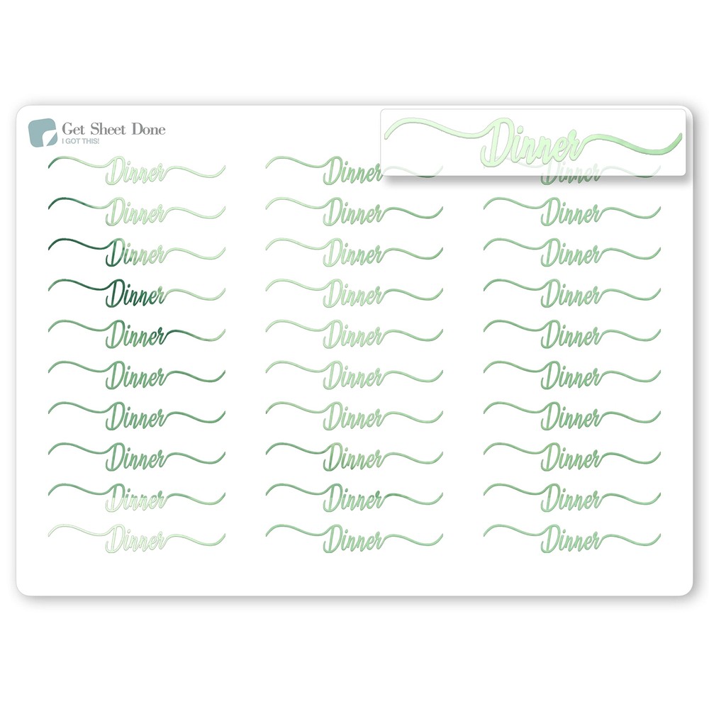 Dinner Script Planner Stickers / 30 Gold Foiled Text Headers (1.5”) /GREEN