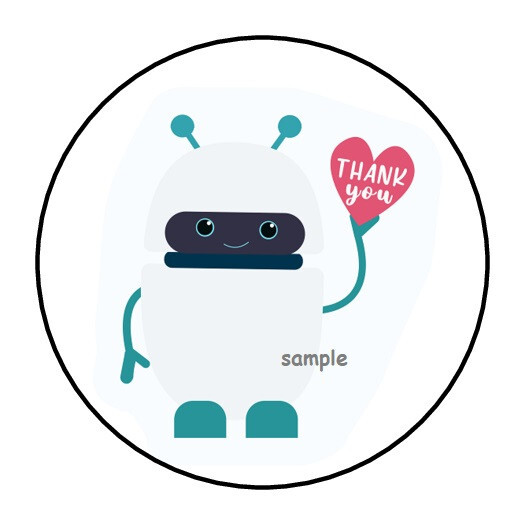 30 THANK YOU ENVELOPE SEALS LABELS STICKERS 1.5″ ROUND ROBOT HEART