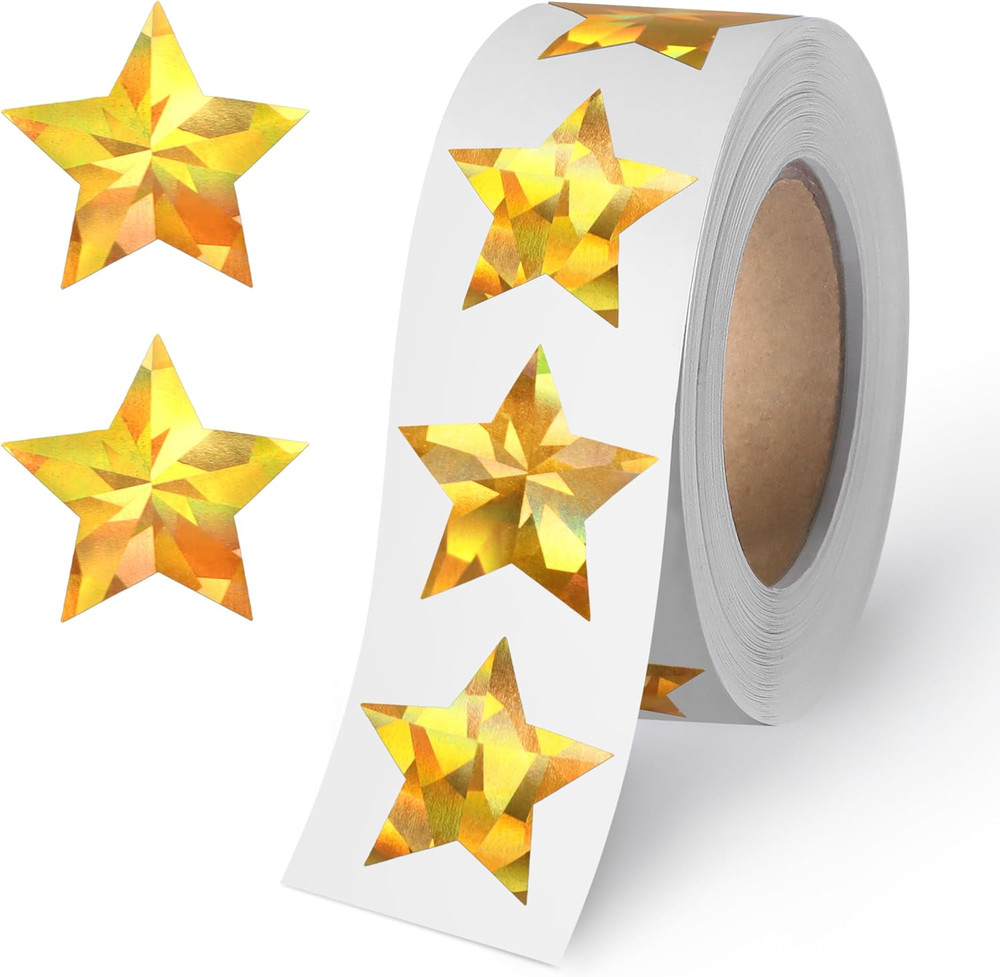 500 Pcs Holographic Gold Star Stickers for Kids Reward, 1 Inch Self Adhesive Met