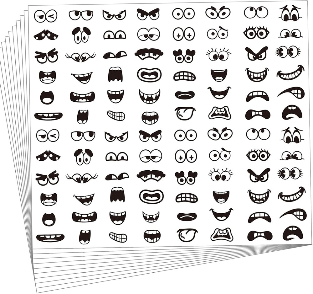 960Pcs Black Eye Mouth Stickers, 48 Designs Cartoon Face Expression Stickers for
