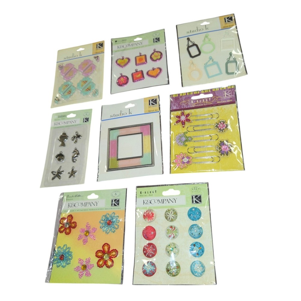 K&Company Scrapbooking Embellishments Lot 8 Packs Brads Metal Art Charms