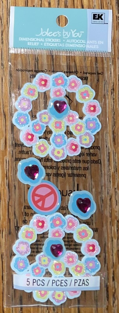 RARE Jolees Mini 3D Colorful Peace Signs W/Flowers Gem Hearts Scrapbook Stickers