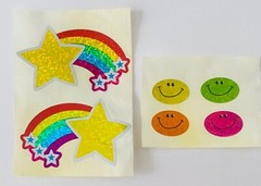 Vintage 1990 Rainbow Star Happy Smiley Face Glitter Foil Stickers, 6 pc.