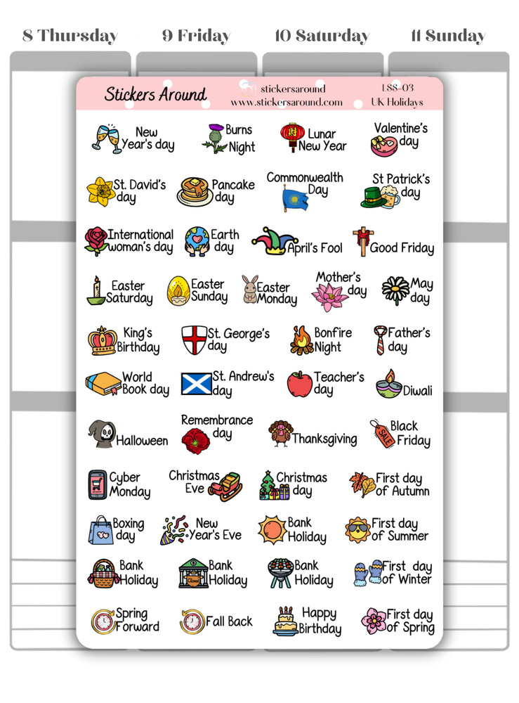UK Public Holiday Planner Sticker Large sheet, United Kingdom Wacky Fun Holiday