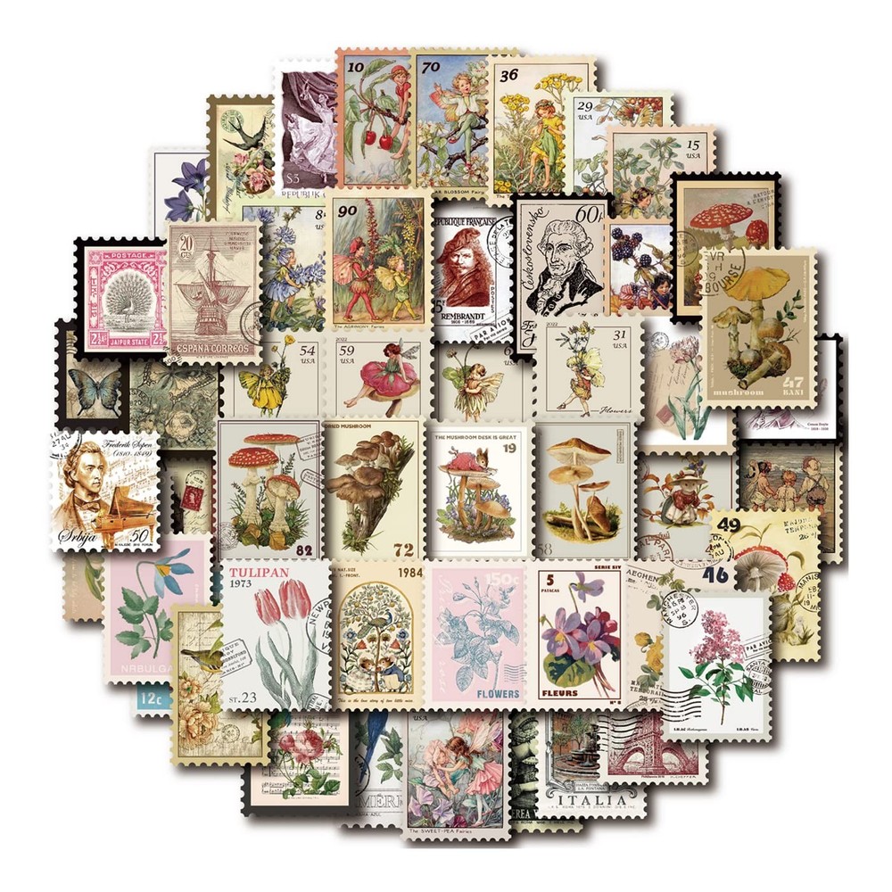 Vintage Postage Stamp Stickers for Scrapbook, 100 Pcs Deco Fake 100