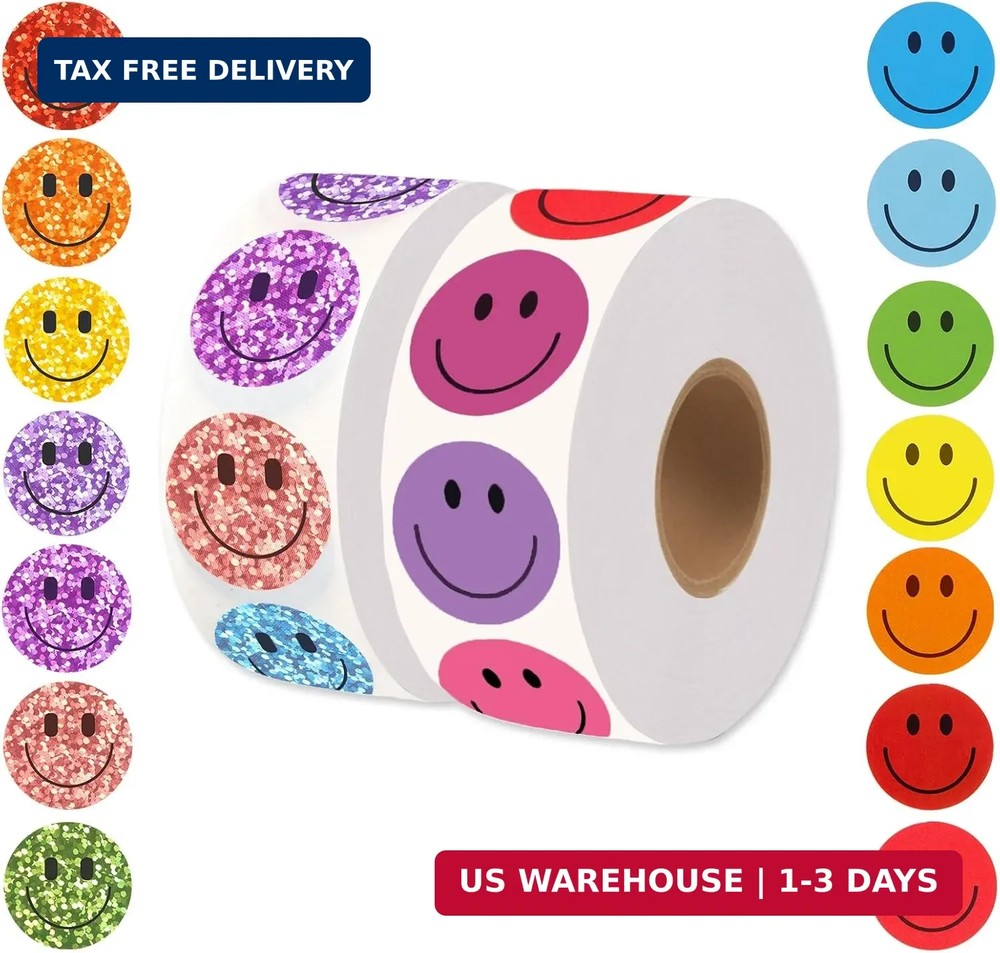 2000 Pcs Rainbow Glitter & Colorful Smile Face Stickers – 1 Inch Happy Face Rewa
