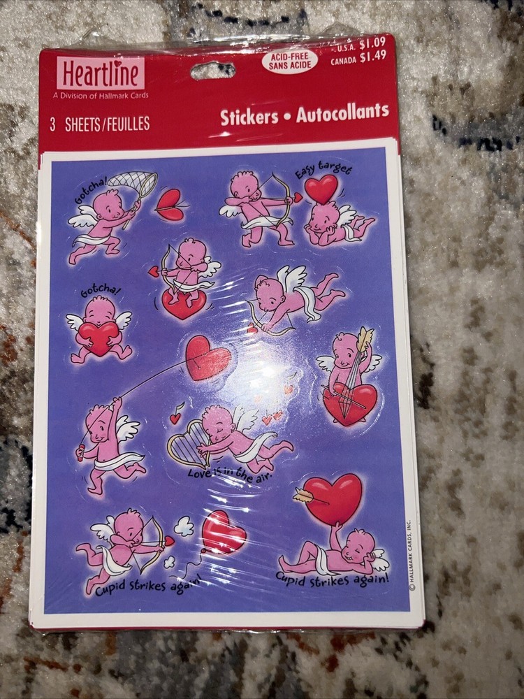 Heartline Hallmark Cupid Heart Valentines Stickers 3 Sheets Red Pink Purple-