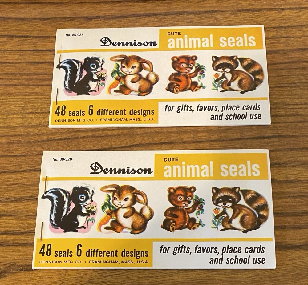 Vtg DENNISON Cute Animals Seals (2) Booklets Of 48 Seals 6 Different Designs