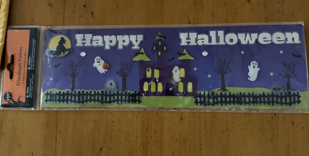Halloween 8 Handmade Stickers 12”x 4” Panoramic Scene Dimensional Witch Ghost