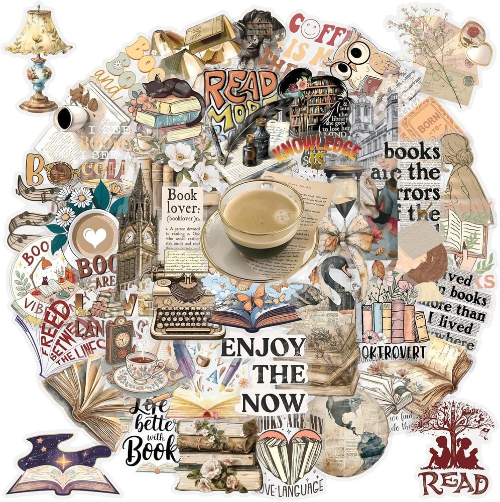 50PCS Vintage Reading Book Stickers Waterproof PET Scrapbook Journal Decals