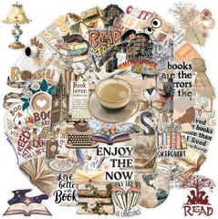 50PCS Vintage Reading Book Stickers Waterproof PET Scrapbook Journal Decals