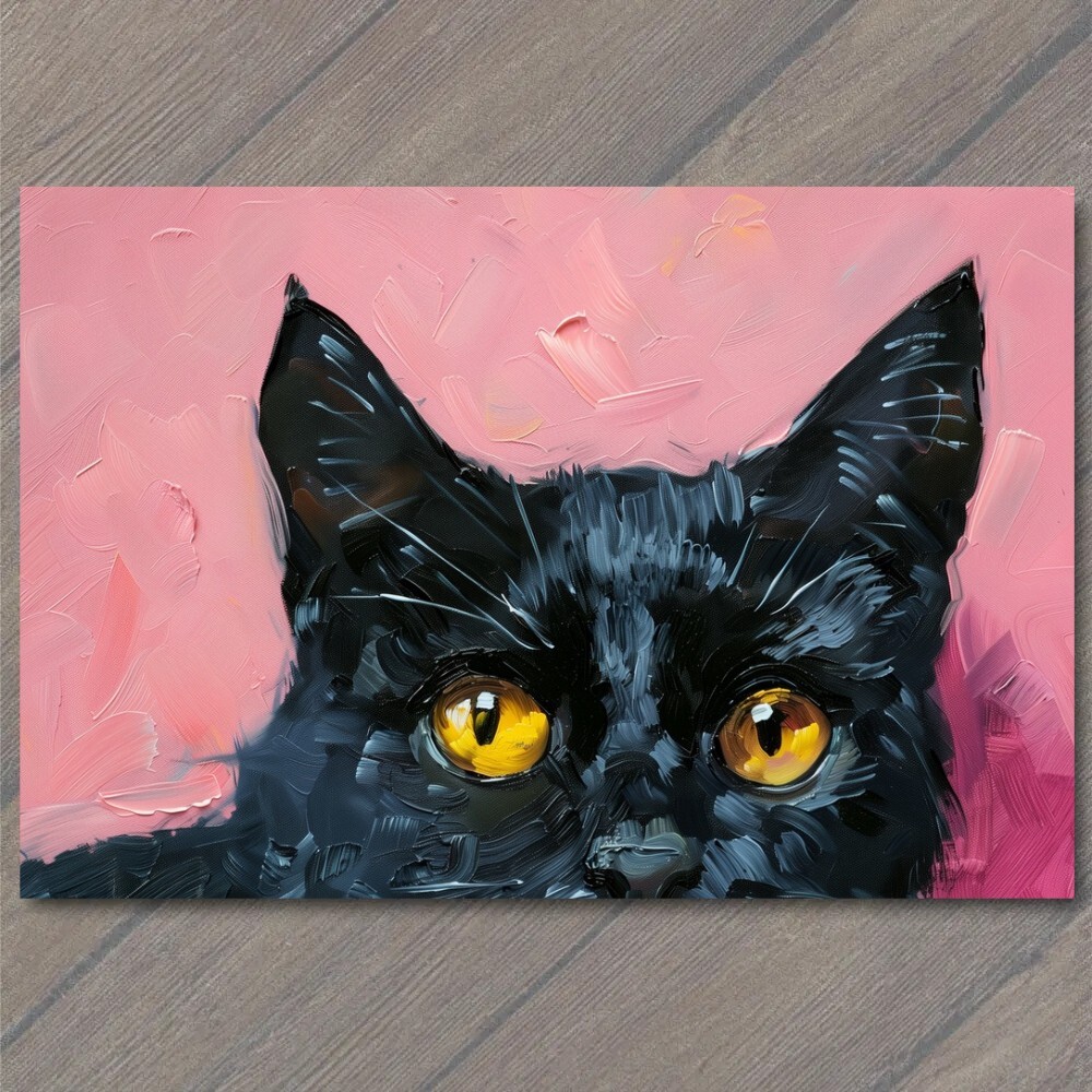 STICKER Black Cat Yellow Eyes Pink Pet Background Painting Cute Fun Feline