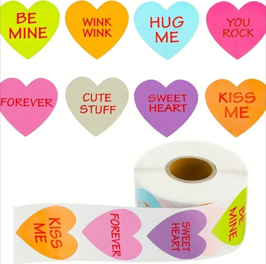500 pc Sticker Seals Roll Happy Valentines Message Candy Heart Self Adhesive NEW