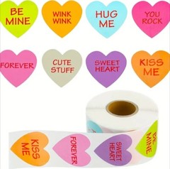500 pc Sticker Seals Roll Happy Valentines Message Candy Heart Self Adhesive NEW