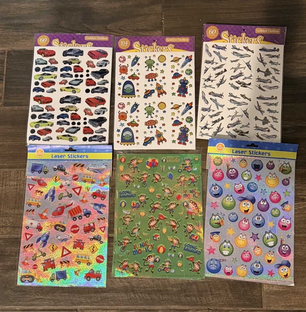 Lot Of 6 Vintage Style Sticker Sheets Golden Laser Holographic Cars Planes Robot
