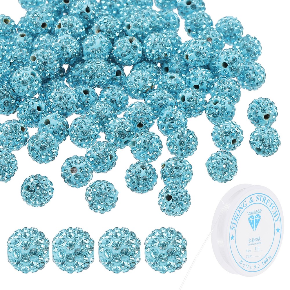 10mm Rhinestone Clay Beads, 120 Pack with Elastic String, Sky Blue