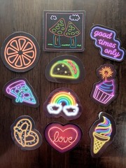 STICKERS x 10 Neon Good Times Cupcake Ice Cream Pizza Pretzels Orange NEO2