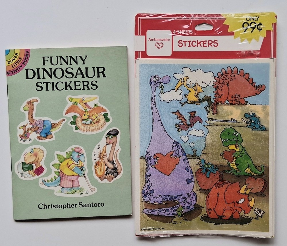 Vintage Funny Dinosaur Stickers NEW Hallmark 4 Sheets + Dover Book 4 Pages 1991
