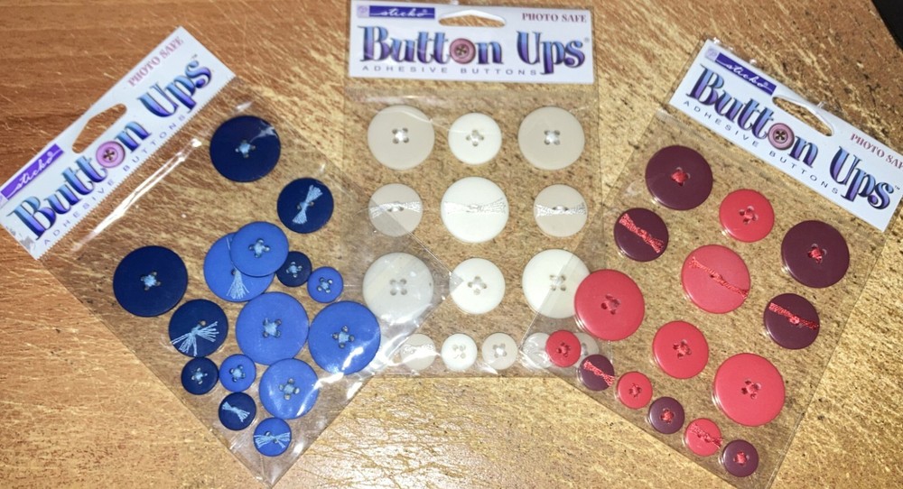 3 PKGS.STICKO BUTTON UPS Adhesive buttons ~ 1 pkg each Red, White and Blue