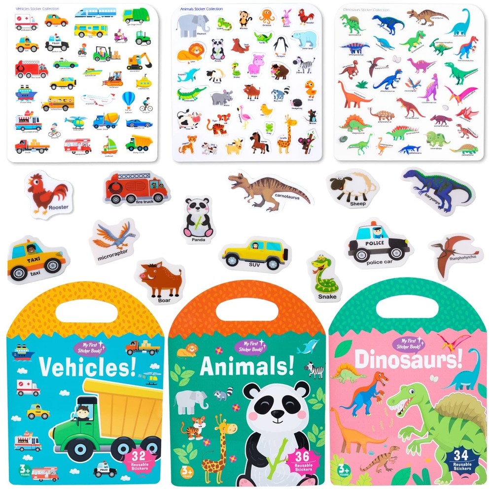 3 Pack Reusable Sticker Books for Toddlers 1-4 Years, Travel Activity Toys, Anim