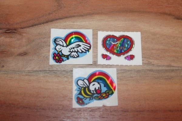 Vintage KEM Prism Sticker mods Rainbows hearts Bee Dove Bird Love lot of 3 1980s