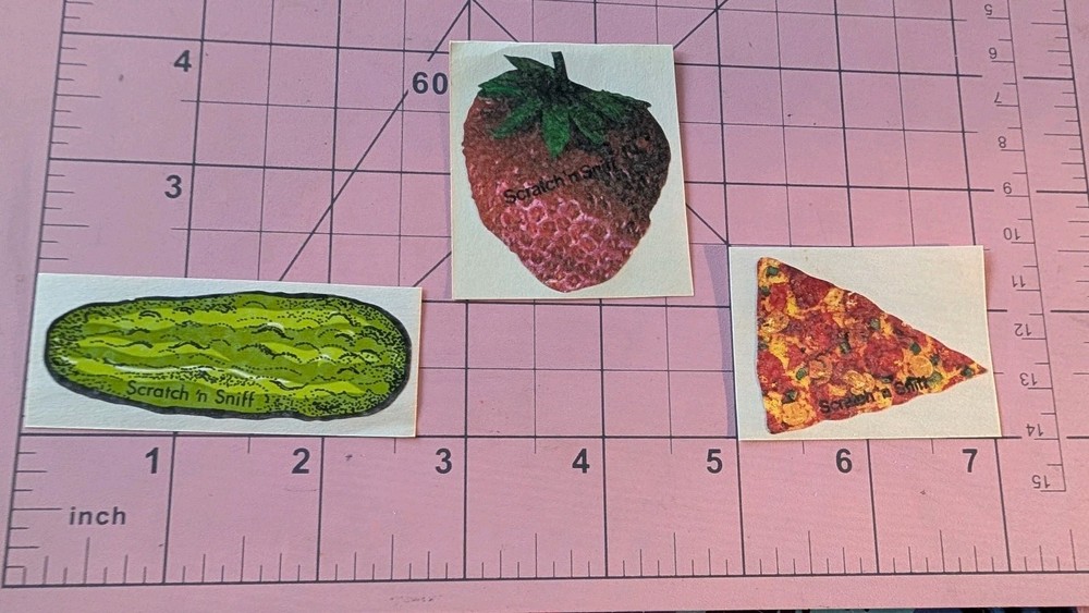 Vintage Stickers Scratch N Sniff Matte 3M Strawberry Pickle Pizza Lot Of 3