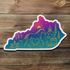 Kentucky State Sticker – Gold Foil Horse & Barn Vinyl Decal with Sunset Sky