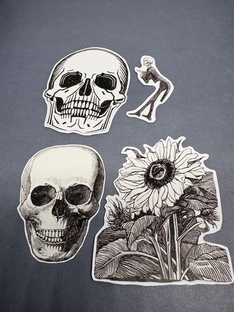 4 Sticker Set Black and White Line Art Skulls Flowers By Julie de Graag Skeleton