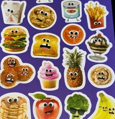 FOOD FRUITS DESSERTS STICKERS✨🥨🥞🍕🍪🍟🍔🍨🍍🍎🥦🍌✨6” x 4”✨😋✨approx✨1”✨💫