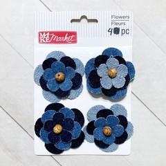 Make Market Denim Fabric Flower Embellishments 4 pc Sew On Craft Scrapbook