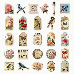 LOT 0F 25 MIXED STICKERS ROSES BIRDS FLOWERS BUTTERFLIES VICTORIAN THEME