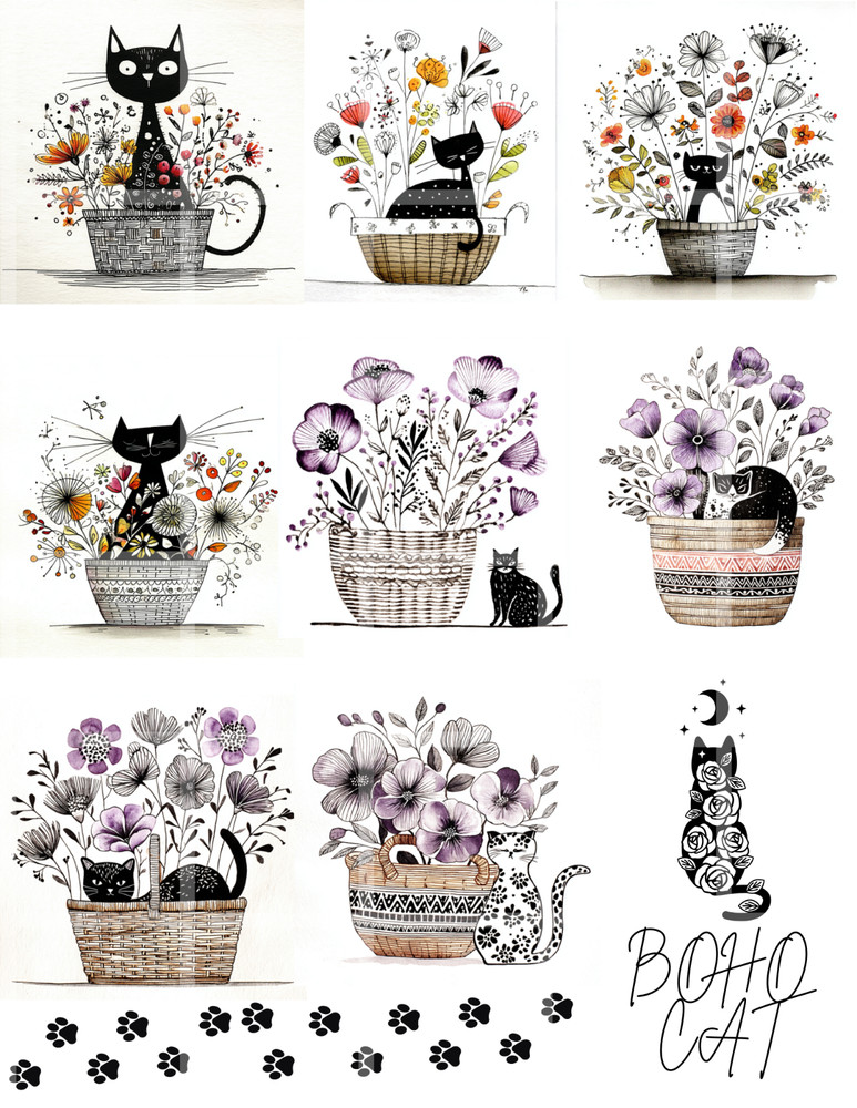 1 Pg Boho Cats Card Toppers Junk Journal Supplies Collage Sheet Scrapbook Crafts