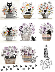 1 Pg Boho Cats Card Toppers Junk Journal Supplies Collage Sheet Scrapbook Crafts