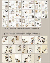 40 Sheets A6 Vintage Washi Stickers for Adults, Retro Butterfly Stickers with S