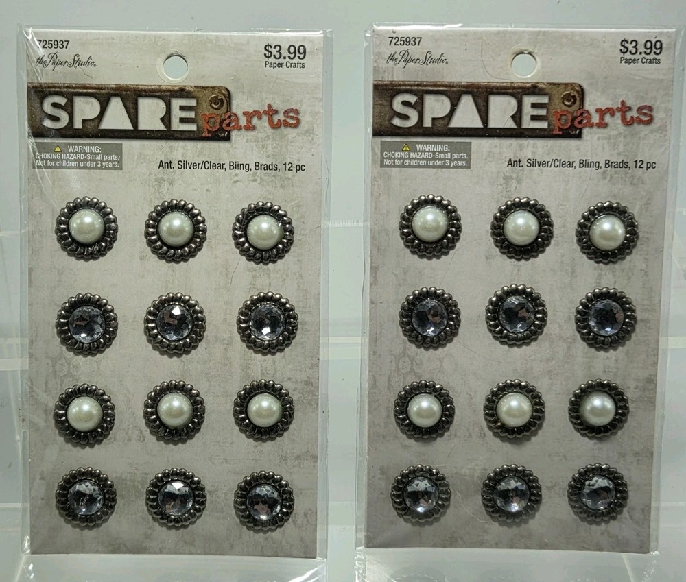 NIP Spare Parts Antiqued Silver/Clear Brads Embellishments Faux Pearl