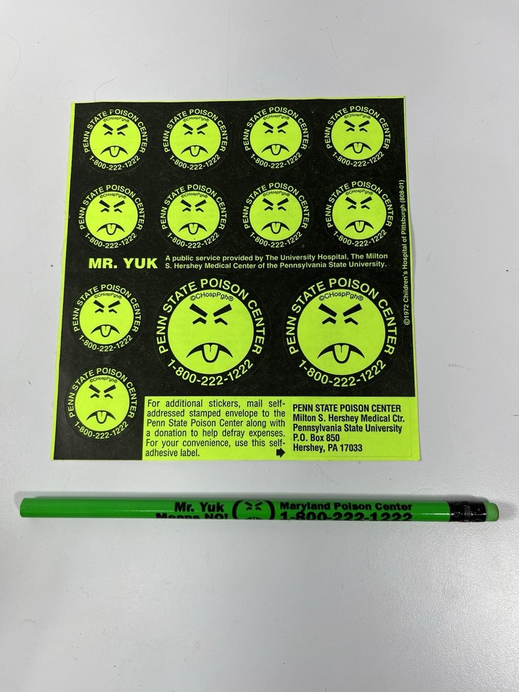 1972 Mr. YUK Pittsburgh Poison Control Center Sticker Sheet And Pencil NEW
