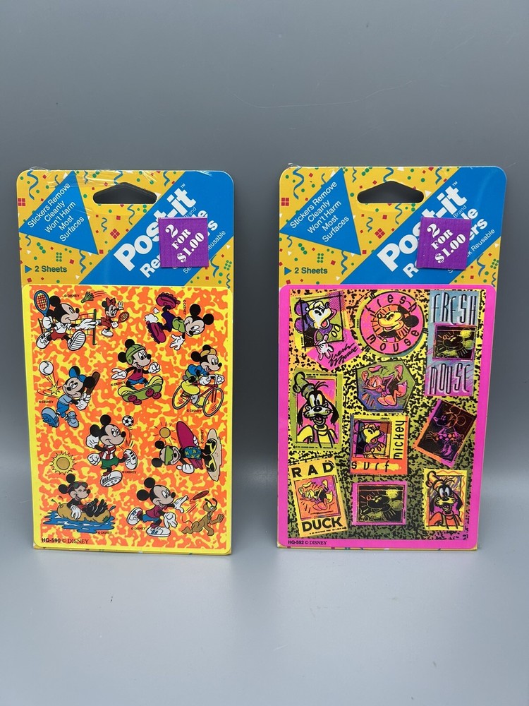 Lot Of 2 Vintage 1990 Post-It Removable Stickers ~ Mickey Mouse ~ New