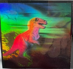 1992 HOLO T-REX STICKER with PTERODACTYL in BACKGROUND-GREAT DEPTH-GREAT COLORS