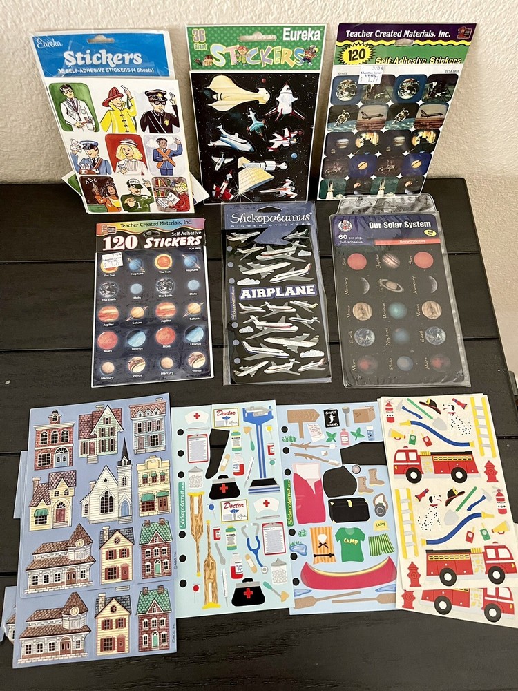 VTG 90s Stickers Lot Airplanes Space Ship Solar System Careers Camp Firetrucks +