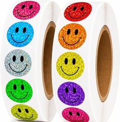 1000 PCS Glitter Smiley Face Stickers for Kids – 1 Inch Round Holographic Happy
