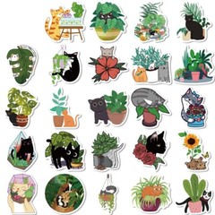 50pcs Cat And Plant Sticker, Cut Cat, water bottle laptop Waterproof, 129