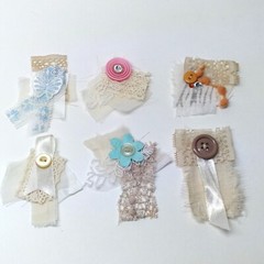 6pc Snippet Clusters Junk Journals Ephemera Shabby Collage Vintage Buttons Pearl