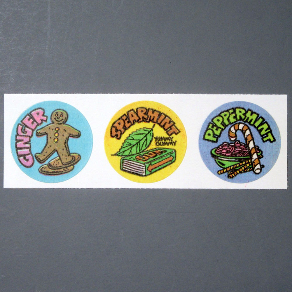 Vintage GORDY Smelly Stickers Scratch & Sniff Strip GINGER SPEARMINT PEPPERMINT