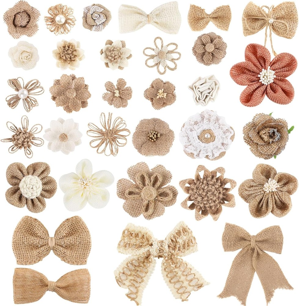 VGOODALL 32 PCS Natural Burlap Flowers Set, Burlap Bows and Scrapbook Embellishm