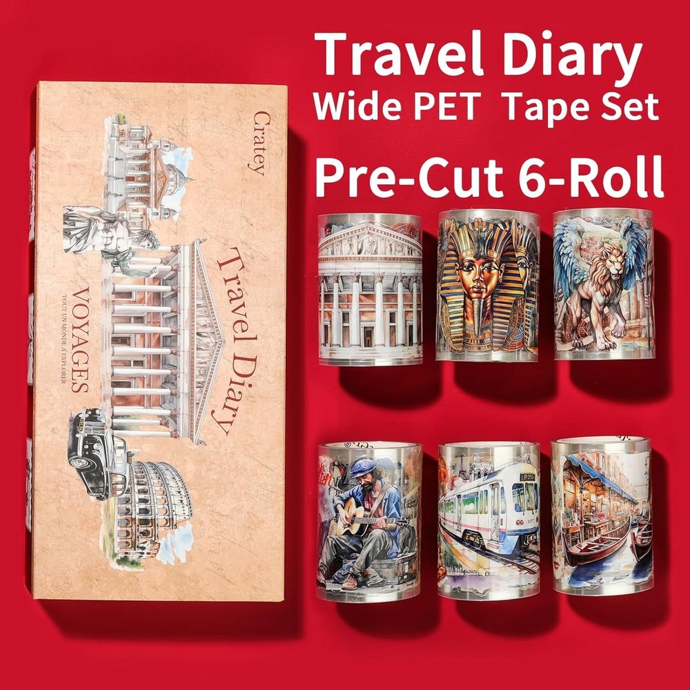 PET Sticker Roll Set – Travel Diary Collection – 6 Pre-Cut Rolls by Cratey